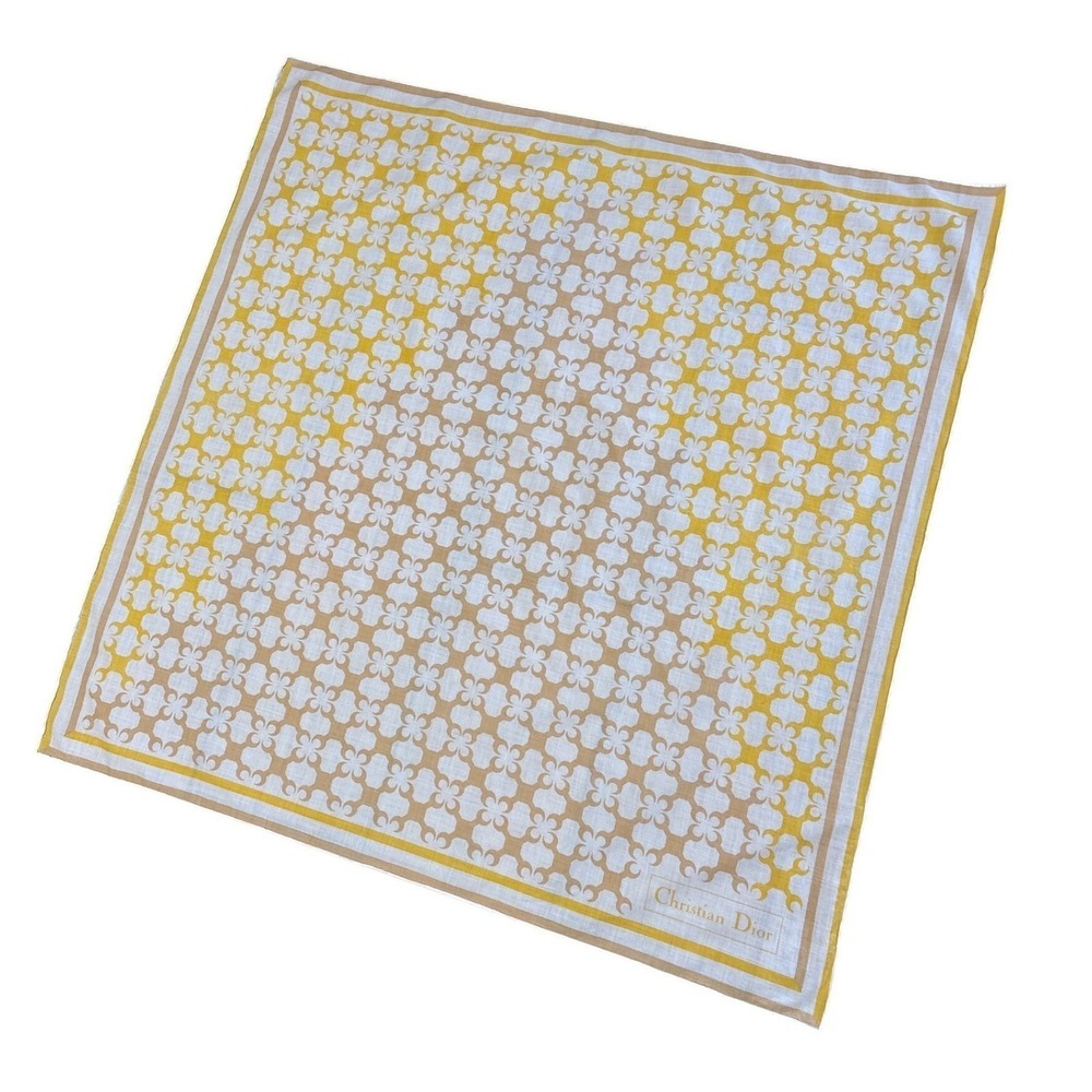 Christian Dior Cotton Scarf Yellow White Geometric Pattern Square Neckerchief